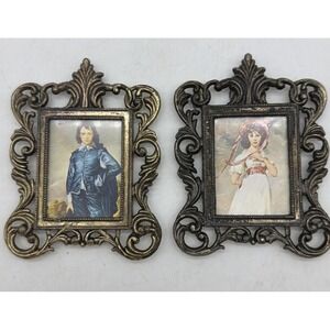 Vtg Blue Boy & Pinkie Girl Framed Pictures Gold Tone Ornate Frame Italy 4"
